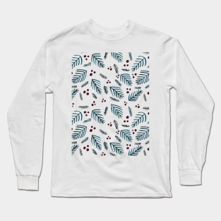 Christmas tree branches and berries - teal and burgundy Long Sleeve T-Shirt